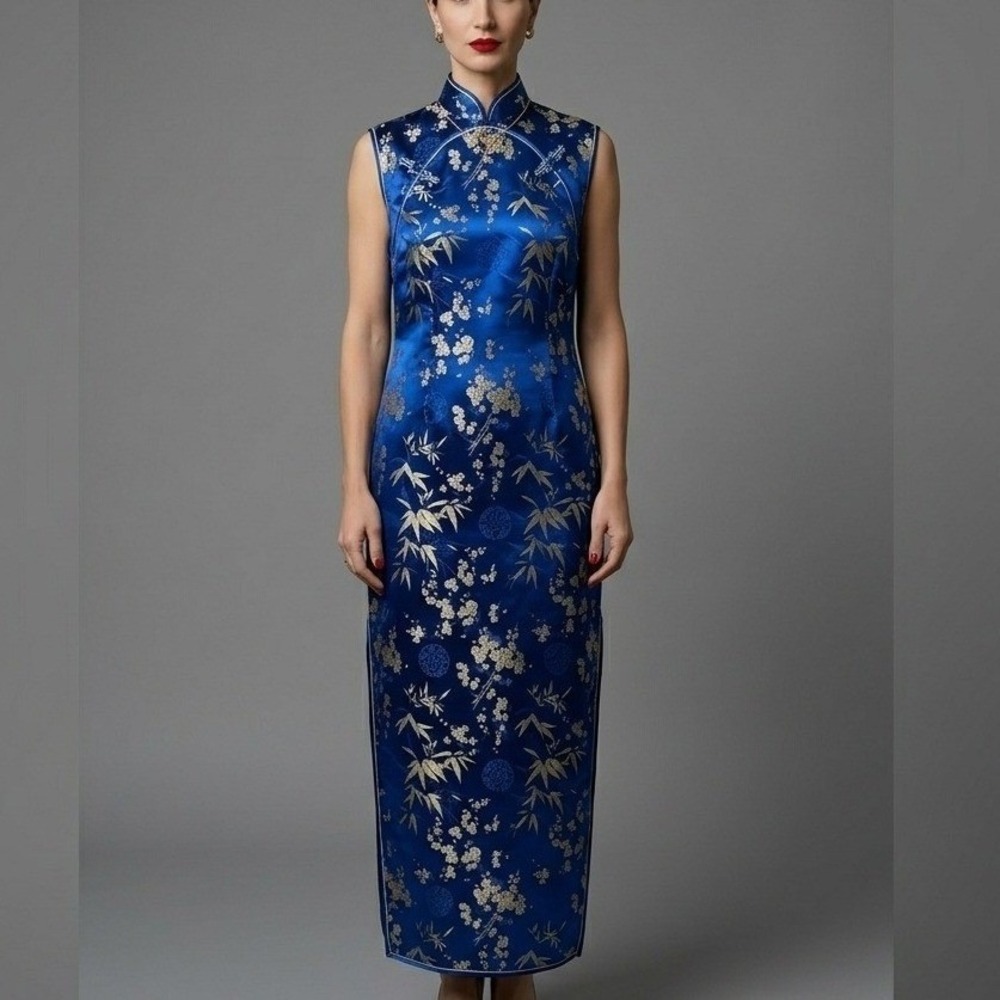 VTG Royal Blue &‎ Gold Floral Brocade Cheongsam Qipao Dress